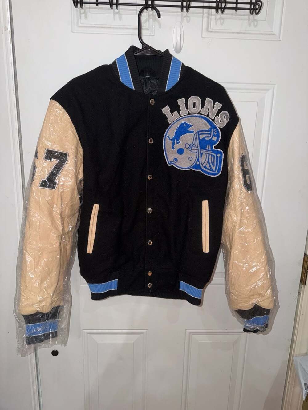 Detroit Lions Varsity Letterman Jacket Leather Sleeves Black NFL Style